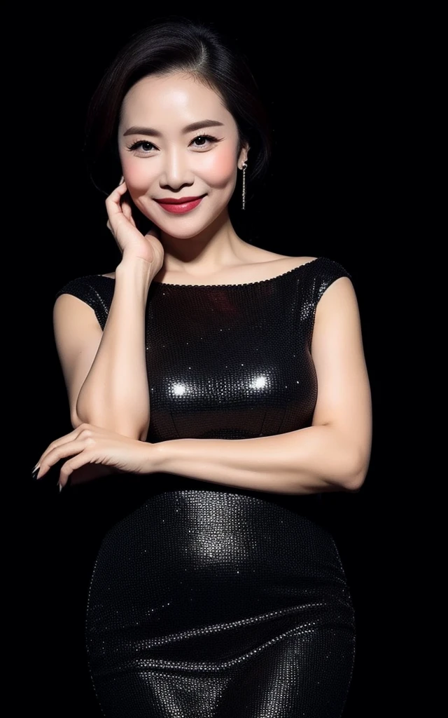 masterpiece,best quality, (milf:1), ((portrait:1.2)), makeup:1.5, gorgeous, cross arms, black simple dress, smile:0.1, (joy:0.2), black  background,   