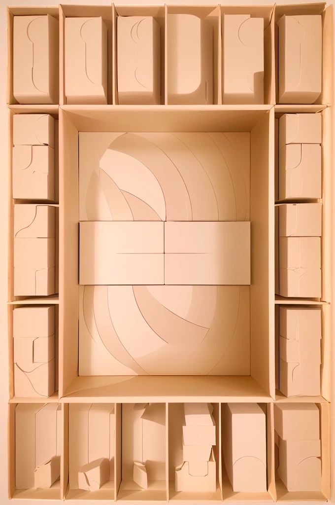 there is a Cardboard box picture of a square cardboard box shelf with a square design, inside a frame on a tiled wall, inspired by Rachel Whiteread, in a cardboard box. top down photo, top - view, layout frame, simple ceiling, rectangular piece of art, set photo, by Rachel Whiteread, inside its box, all inside frame, with everything in its place