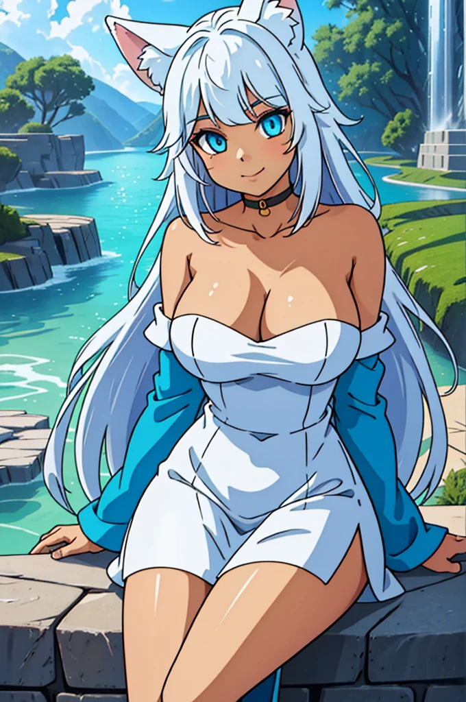 (8k, RAW photo, best quality, masterpiece:1.2), (intricate details), perfect eyes, perfect face, perfect lighting, beautiful, (masterpiece:1.2), (best quality:1.2), 1girl, solo, white fox girl, white hair, ((long loosen hair)), fox ears,white long fluffy tail, adult torso, 17 years old, slight smile, huge sized breasts, ( blue dress), cowboy shot, 3DMM, seated, front view