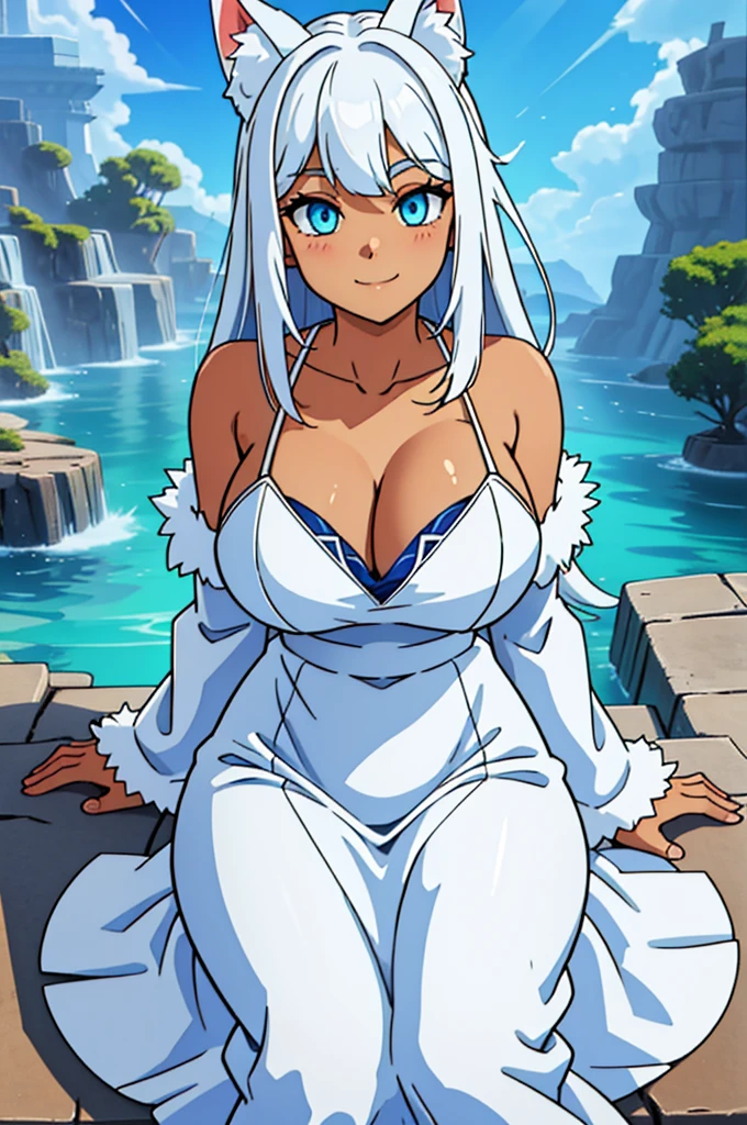 (8k, RAW photo, best quality, masterpiece:1.2), (intricate details), perfect eyes, perfect face, perfect lighting, beautiful, (masterpiece:1.2), (best quality:1.2), 1girl, solo, white fox girl, white hair, ((long loosen hair)), fox ears,white long fluffy tail, adult torso, 17 years old, slight smile, huge sized , ( blue dress), cowboy shot, 3DMM, seated, front view