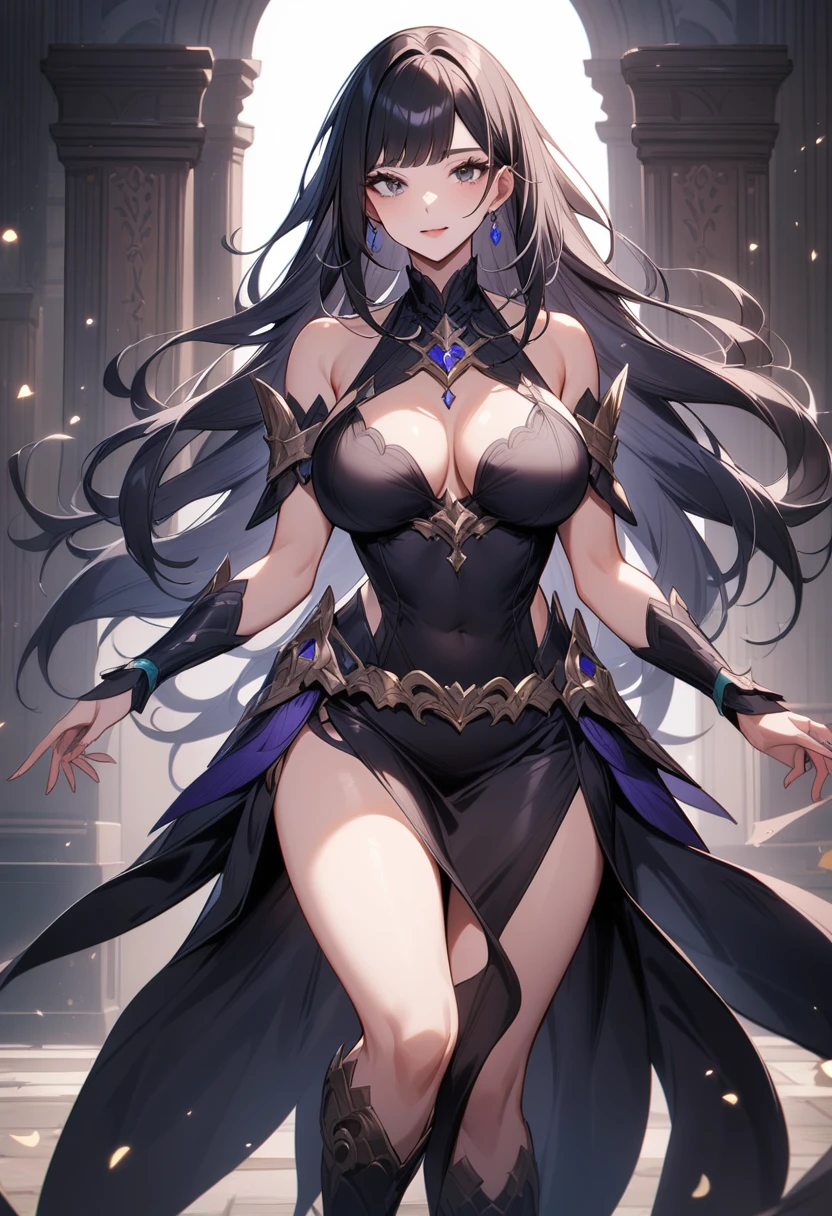 Mature women,Black long hair,Bangs,Sexy,Exposing skirt,Beautiful black eyes,Fantasy style,Extremely detailed,high resolution,