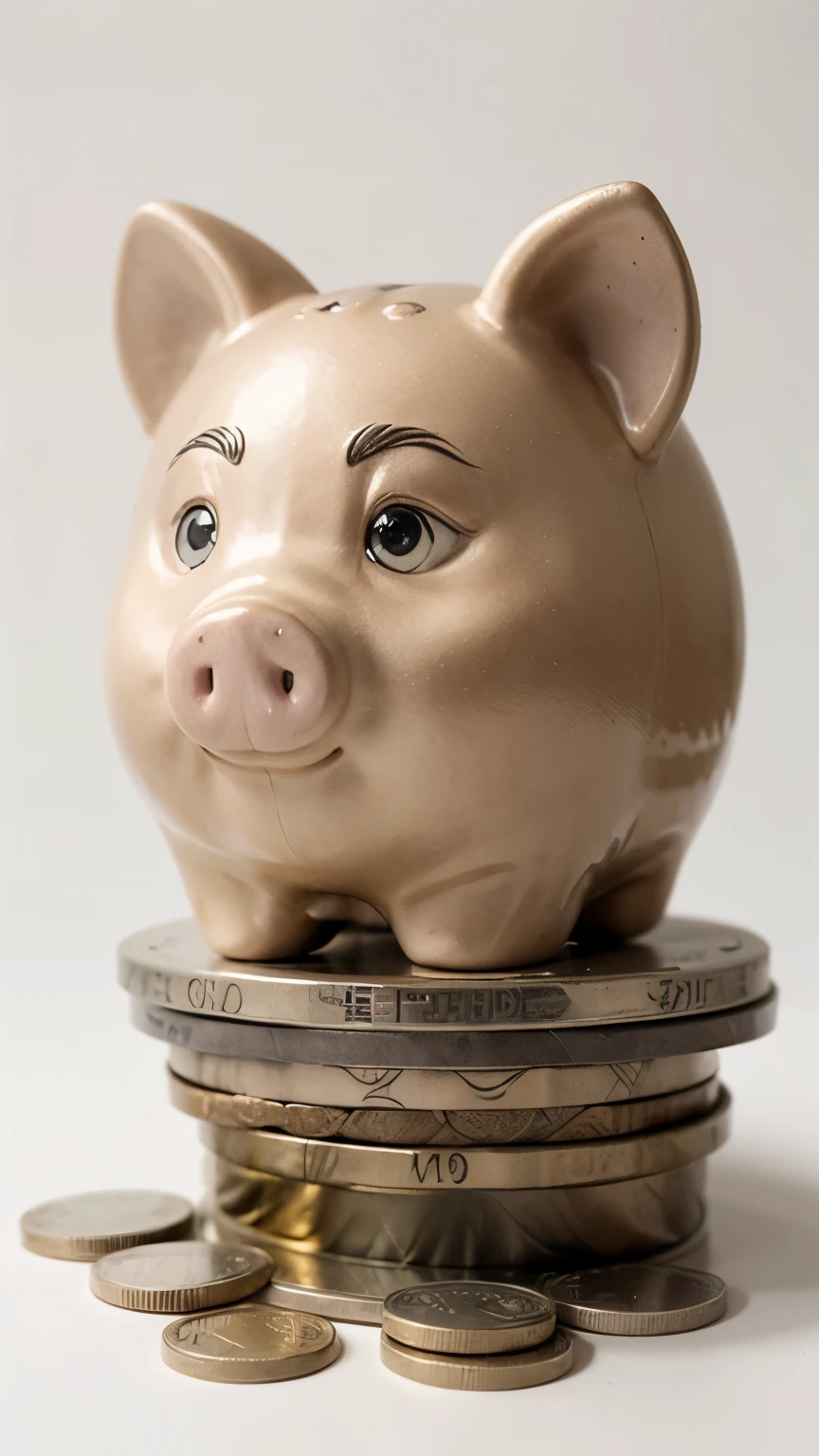 hyper realistic piggy bank with a toga on its head, and stacks of coins to the right and left of it, the stack gets taller from left to right, white background, very high resolution
