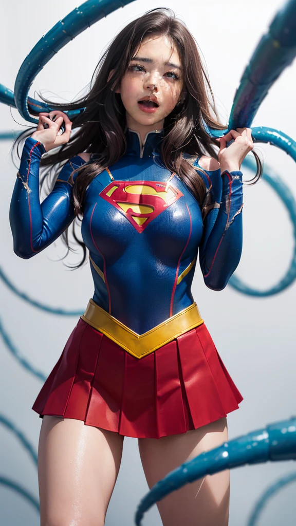 (8k、Highest quality、masterpiece:1.2)、(Realism、Photorealistic:1.37)、Ultra high definition、(Highest quality)、(masterpiece)、Supergirl trapped by tentacles、(Perfect fit body、Perfect fit、Perfect Thighs)、(((Wearing the Supergirl suit、skirt、Damaged、Torn、Thighs in Torn clothes、 Exposed arms)))、Long Hair、Long Hair、(((Tattered clothes、Too much exposure、Torn clothes、引き裂かれたskirt、ボロボロのskirt、White liquid all over the body、White liquid sticks to the body、 on the face、胸に白colorの液体、)))、(((The background is a prison、Hands clasped behind head、Surrounded by tentacles、The body is connected by many tentacles.、Hands bound by tentacles、The legs are tied with tentacles、Tentacles groping the whole body、color々Mature woman posing))),(Open your mouth、Scream、painでうめき声をあげる, painを感じ, Flowing Tears:1.5), pain, I'm in pain and crying、A meat stick is stuck in his crotch、