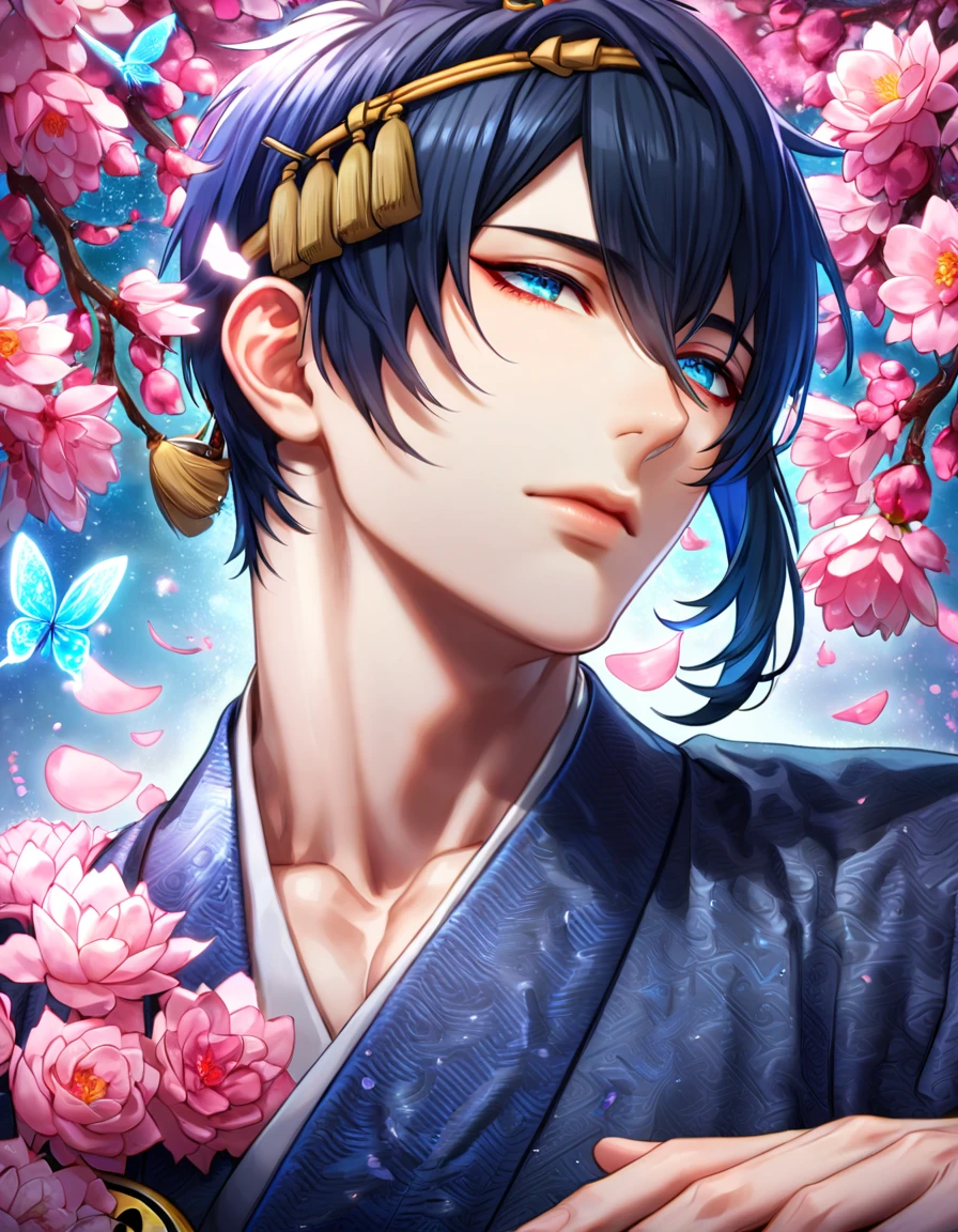 absurdres, highres, ultra detailed, HDR, master piece, best quality, Mikazuki Munechika, dark blue hair, expressive blue eyes, Touken Ranbu, solo, sexy man, handsome, dark blue kimono, fantasy, shining, water, pink flowers, pink blossoms, pink butterflies, pink petals