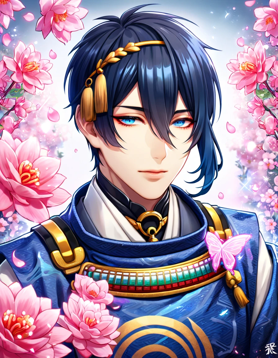 absurdres, highres, ultra detailed, HDR, master piece, best quality, Mikazuki Munechika, dark blue hair, expressive blue eyes, Touken Ranbu, solo, sexy man, handsome, dark blue kimono, fantasy, shining, water, pink flowers, pink blossoms, pink butterflies, pink petals