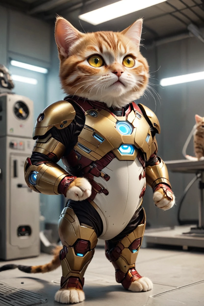 small, There are no humans in this world、The world of anthropomorphized cats、Developing an Iron Man suit in the development lab、かわいいbornき物全身, Costumes,、 Fantasy art, Exquisite detail, An anthropomorphic, fat, furry tabby kitten with yellow eyes, Movie Scenes, Dramatic shot angles, , Realistic, born々Amazing cinematic photorealism, Action Portrait, 8K, detailed, Full Frame