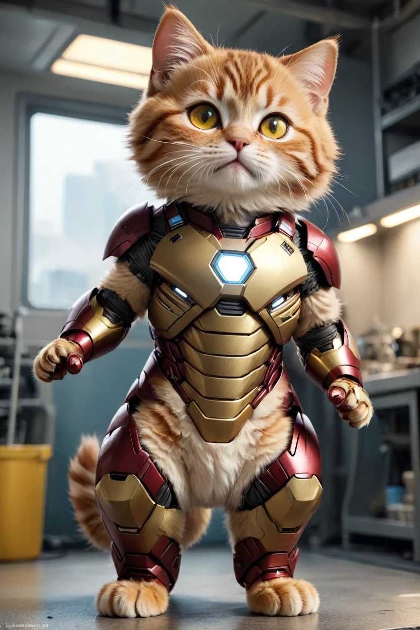 small, There are no humans in this world、The world of anthropomorphized cats、Developing an Iron Man suit in the development lab、かわいいbornき物全身, Costumes,、 Fantasy art, Exquisite detail, An anthropomorphic, fat, furry tabby kitten with yellow eyes, Movie Scenes, Dramatic shot angles, , Realistic, born々Amazing cinematic photorealism, Action Portrait, 8K, detailed, Full Frame