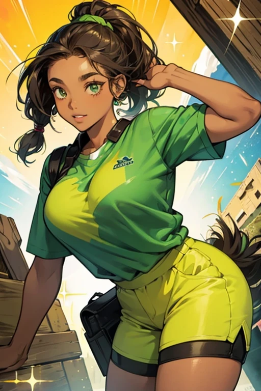 SHe is a heavyset, darker-skinned with hER hair tied back into brown dreadlocks. SHe often wears colorful shirts and shorts, though hER official character art depicts hER in a green uniform shirt and shorts. SPARKLE; GLITTER