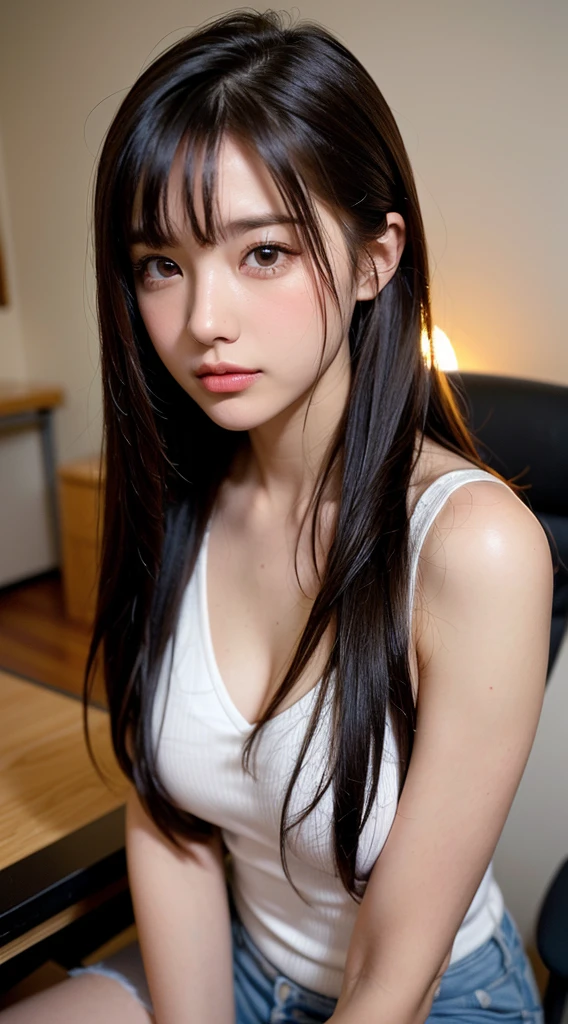 ((Highest quality, High resolution, Hmph, Pixel perfect, 4K, Hmph, Hmph))), single, alone, Beauty、The whole body is visible、 ((Long Hair, bangs, Brown Hair)), ((Brown eyes, Beautiful eyelashes, Realistic eyes)), ((Detailed face, Blushing:1.2)), ((Smooth texture:0.75, Realistic texture:0.65, Realistic:1.1, Detailed Photos)), Medium ?????, Dynamic Angle, Perfect body, ((全?????、I'm not wearing shoes、White Sox)), outside、Sit at a desk、Lower'I took my feet off the desk.............................................................、evening、、、Very embarrassing panic smile、(Spread your legs、Knees wide open、Floral lace panties)、、(Pink lace bra)、Angle from below、((??????????))、((????))、((Accentuated ??????))、(((?????)))、(((With ??????????)))、((Pervert))