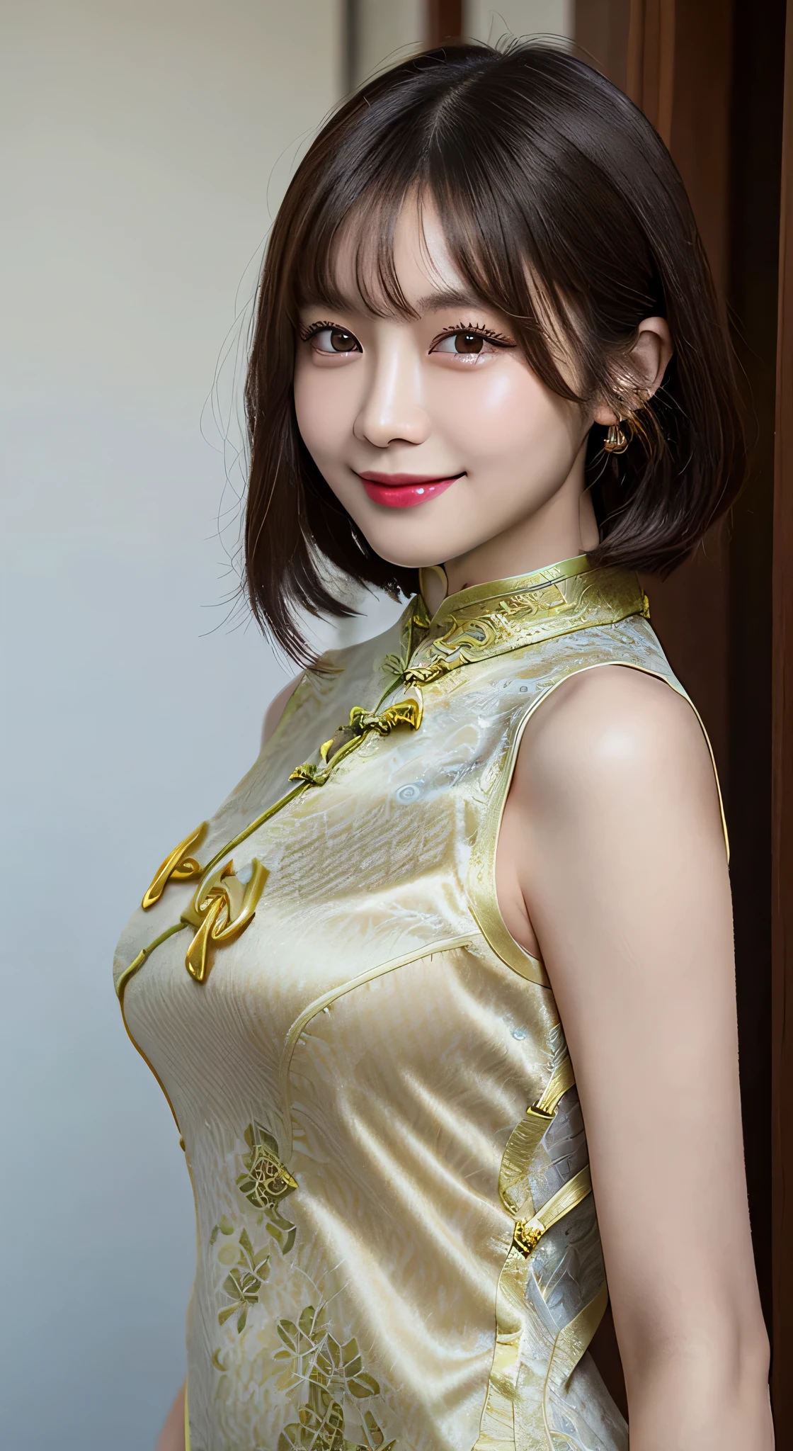 Body Portrait, 8k, Narrow and beautiful eyes, Dindal effect, masterpiece, 最high quality, high quality, High resolution, Highly detailed photos, (Natural skin texture, Fine skin, Hyperrealism, Ultra Sharpness), Skin with attention to detail, (Very fine, Fine skin texture, Intricate details, Beautiful Face, (Realistic Face), Realistic eyes, Beautiful and detailed eyes, Realistic Skin, Beautiful Skin, Surreal, Highly detailed golden ratio, Smiling Eyes, Body Portrait, G-Cup, Big Breasts, Huge breasts, Big Breasts, glamorous, ((Cheongsam:1.4)),