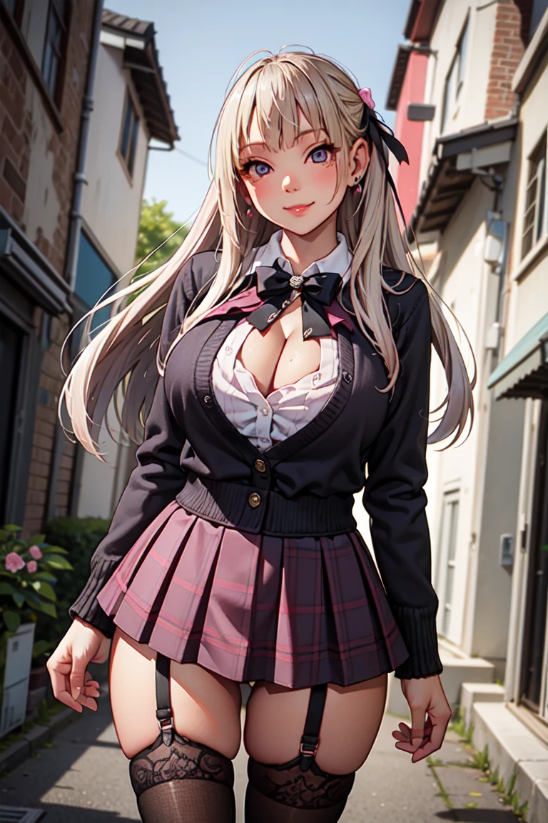 masterpiece, best quality, highres, hs1, light purple eyes, huge butt, wide hips, thick thighs upskirt, long sleeves, cleavage, long blonde hair, pink cardigan, black thighhighs, plaid skirt, red ribbon, garter straps, , outdoors, cowboy shot, standing, smile, panty peek, floral print pink panties, looking at viewer, thick thighs, jirai kei, ear piercings, street view, sakura