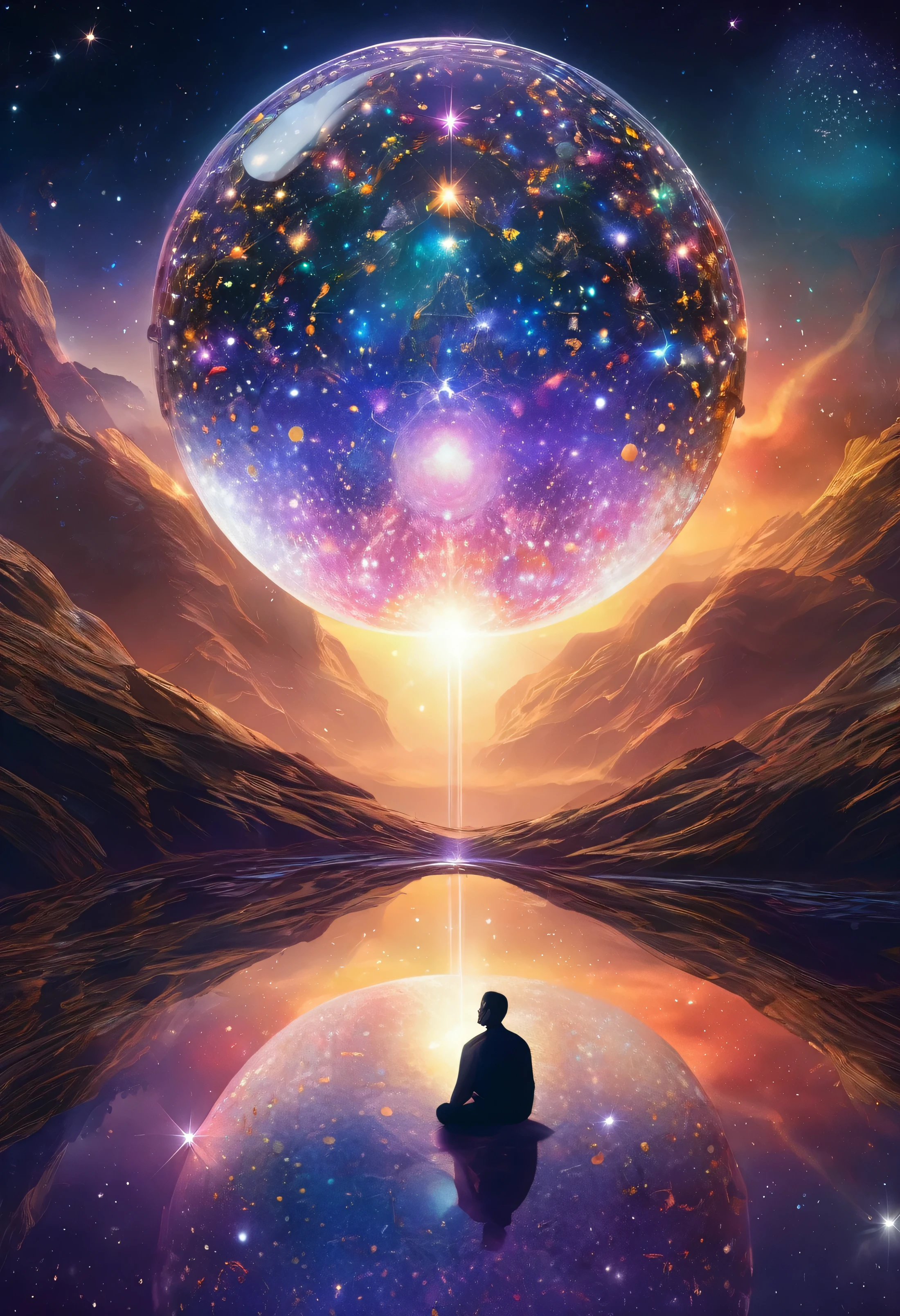 meditation, particles in the air, godrays, stars in background, intricate fractals, detailded, (illustration), work of art, high resolution, best qualityer, Man on the verge of the creation of the universe, A giant mirrored crystal sphere floating in space, flickering lights,