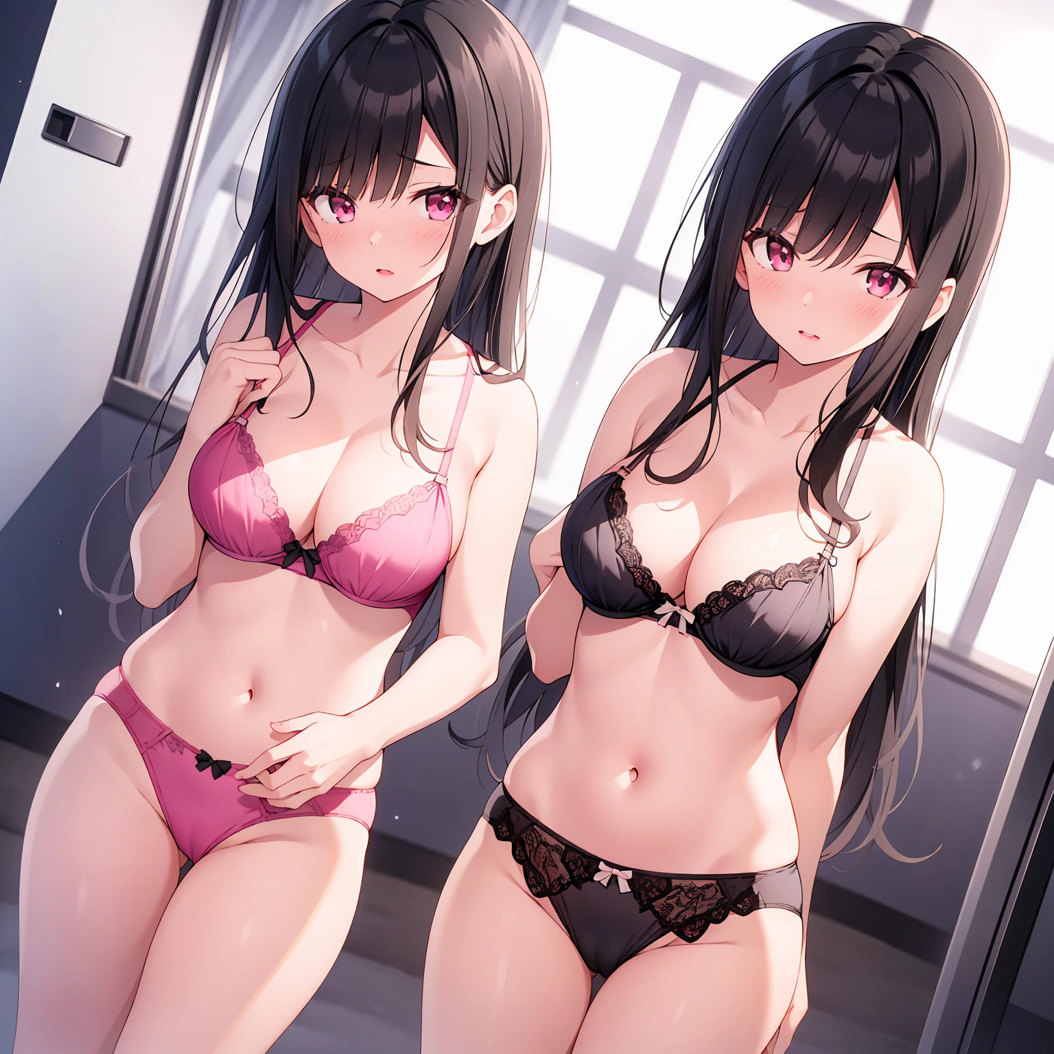 (Highest quality), (masterpiece), 1080P, High resolution, 4K, 8K, Two Women,(Kitagawa.marin), Shooting from below, , Thong Panties, black and pink bra, Black and pink string panties, Ruffles on the thighs, Low Angle, , Big Breasts, F cup bust, whole body, Embarrassed face, Long black hair, Long hair down to the waist, Black cheeks, Red lips, Hearts dance in your eyes, Realistic texture