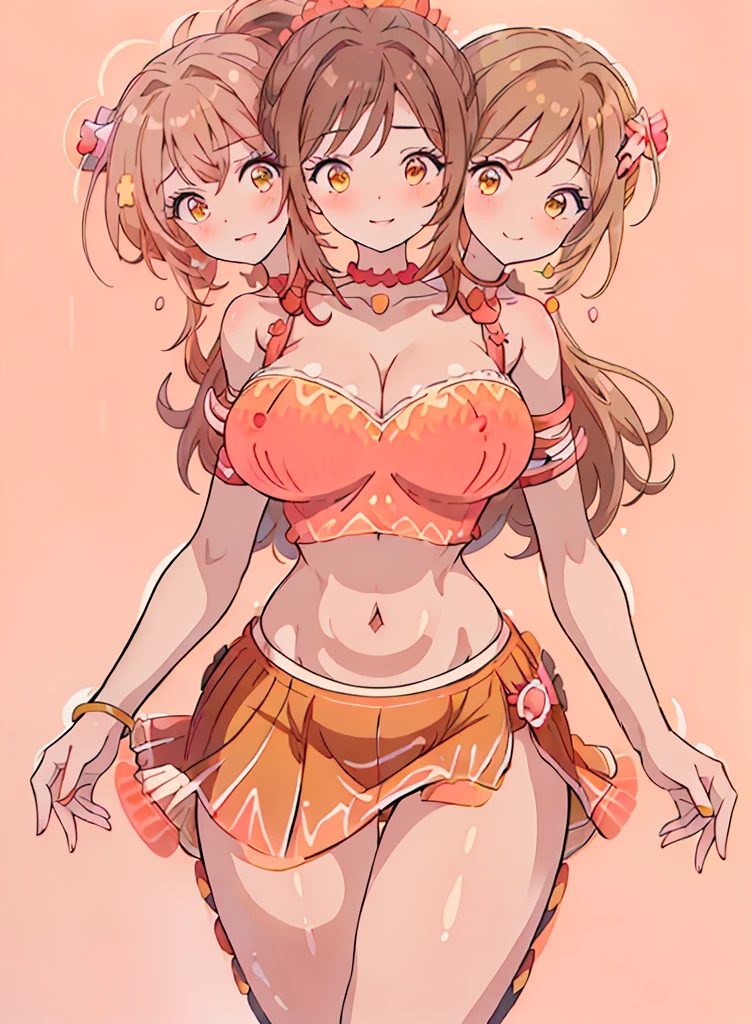 (16K), ((three headed woman)), smiling, highres, masterpiece, ((brown hair)), , , ((coral dress:1.5)), lustrous and smooth skin, (mature woman),  silhouette, ((crop top)),  proportions, Beautiful girl with accentuated slender abs,  woman, ((party background)), necklace, coral , , open belly,  midriff, strapless, sleeveless, yellow eyes, beautiful eyes, ((long bushy ponytail)), ((gala)), cowboy shots, very big , huge , open belly,  midriff
