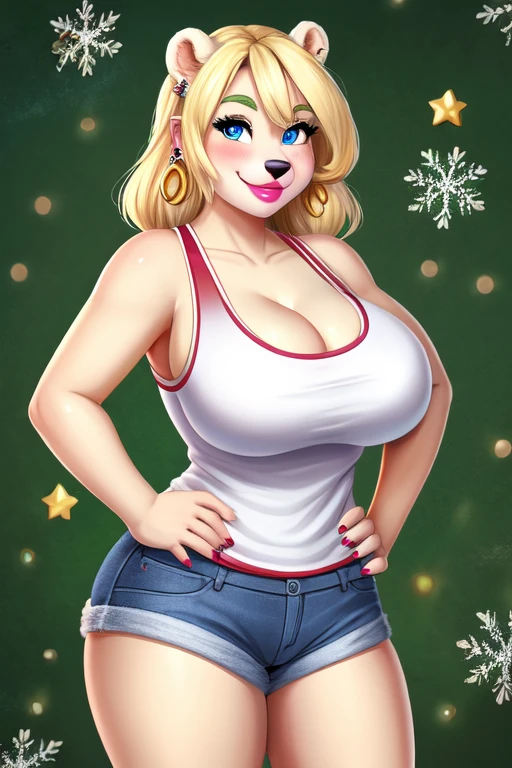 Blonde polar bear woman, wearing a Christmas tank top and jean shorts, perfect face, blue eyes, big breasts, cleavage, three-quarter view, solo, smile, perfect detailed body, pink lipstick, gold earring, hand on hips, blushing