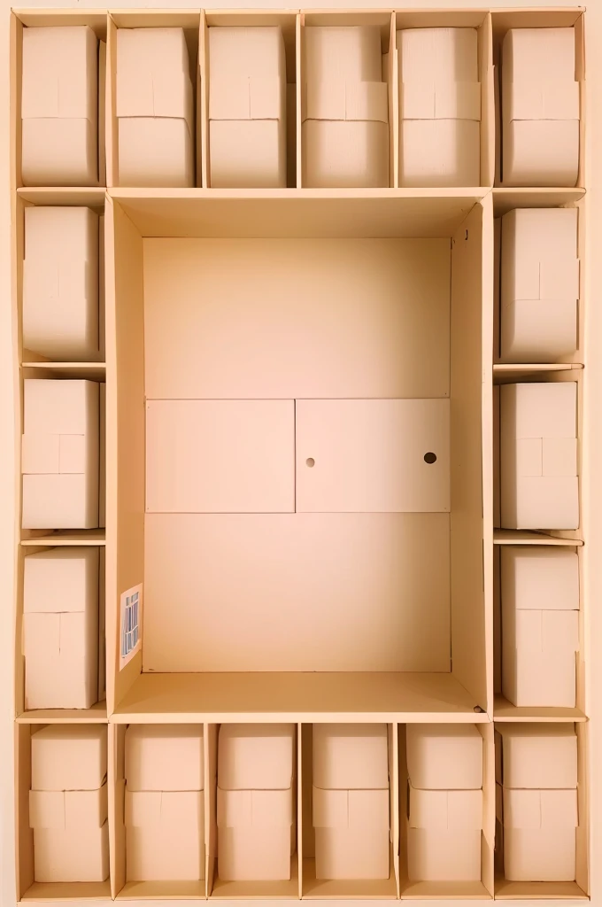 there is a Cardboard box picture of a square cardboard box shelf with a square design, inside a frame on a tiled wall, inspired by Rachel Whiteread, in a cardboard box. top down photo, top - view, layout frame, simple ceiling, rectangular piece of art, set photo, by Rachel Whiteread, inside its box, all inside frame, with everything in its place