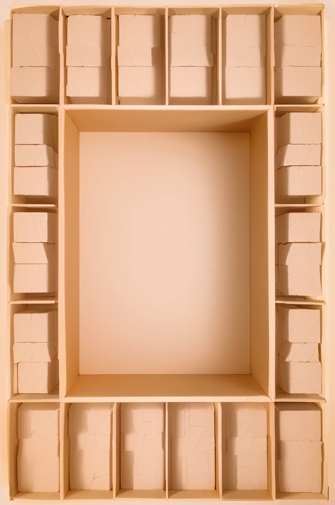 there is a Cardboard box picture of a square cardboard box shelf with a square design, inside a frame on a tiled wall, inspired by Rachel Whiteread, in a cardboard box. top down photo, top - view, layout frame, simple ceiling, rectangular piece of art, set photo, by Rachel Whiteread, inside its box, all inside frame, with everything in its place