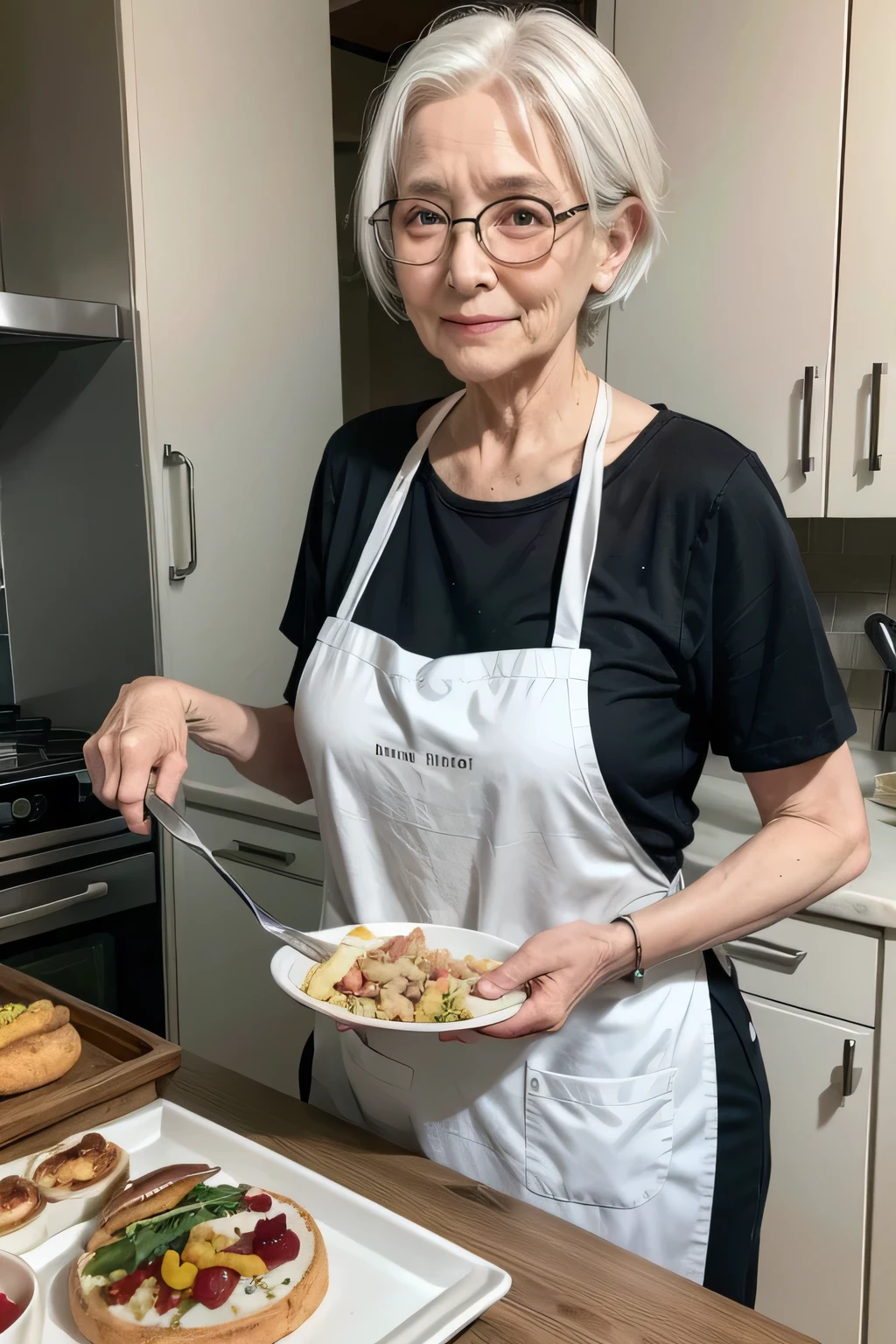 a single elderly woman with white hair wearing glasses and a cooking apron serving the rectangular table full of food