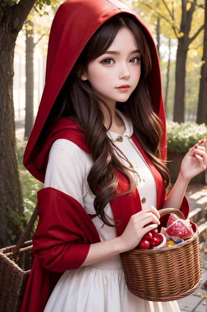 Little Red Riding Hood is a girl who wears a glamorous red hood that covers her brown hair., under the hood, there is a sweet girl with brown eyes and a white sweater underneath, carrying a basket of sweets for your grandmother.