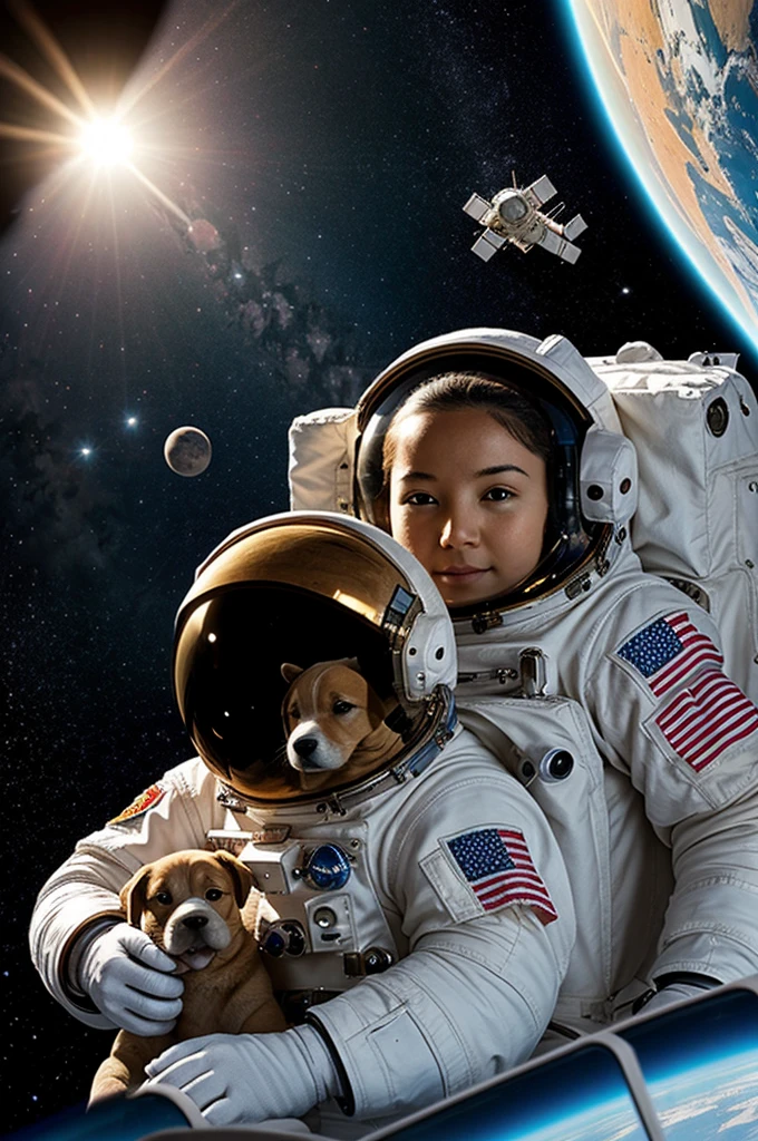 Faceless astronaut with puppy in space