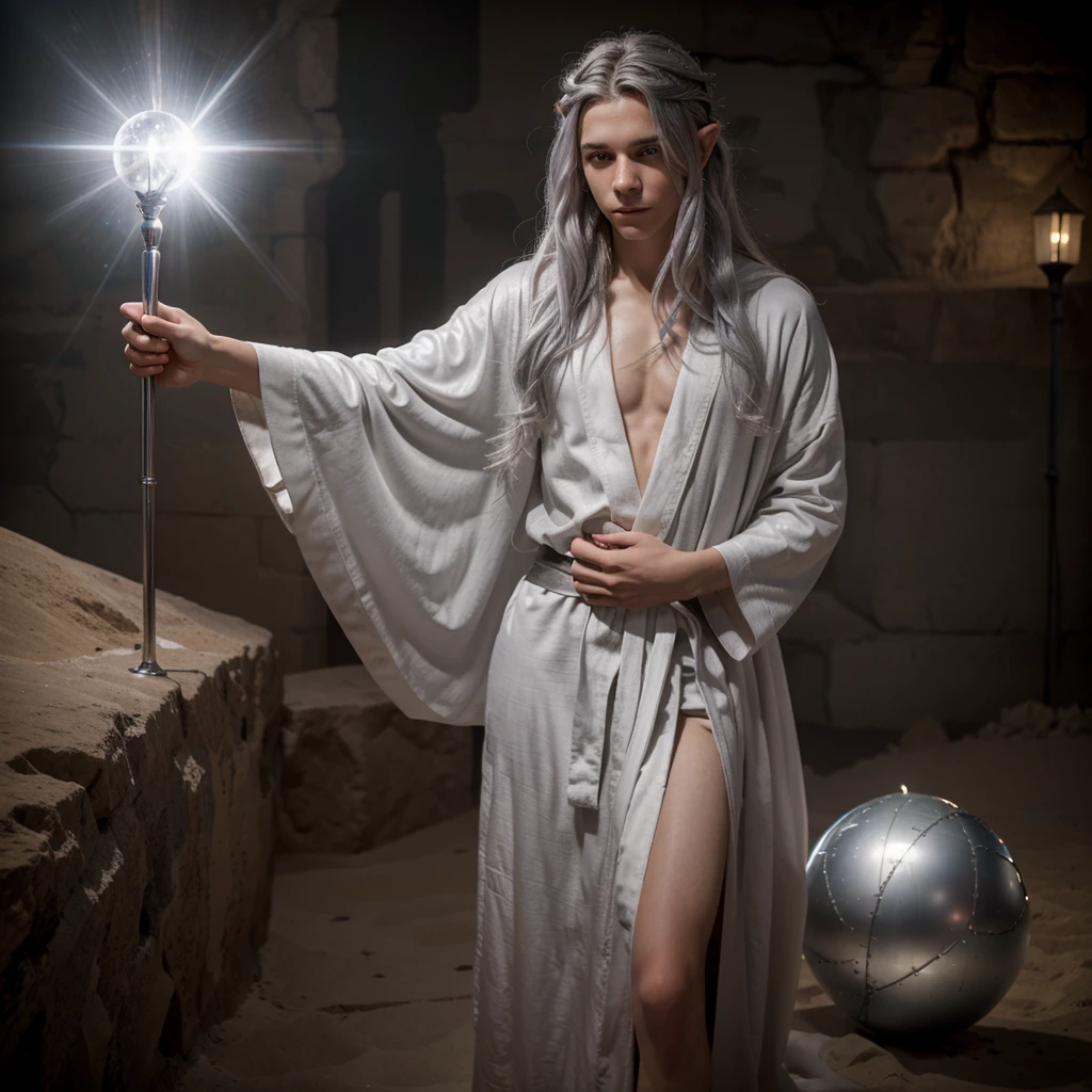 Masterpiece, Excellent, Single, 1 person, male, youth, teenager, wizard, slimming, elf, silver hair, long hair, gray pupils, floating ball of light, white robe, robe, relax, desert detailed background