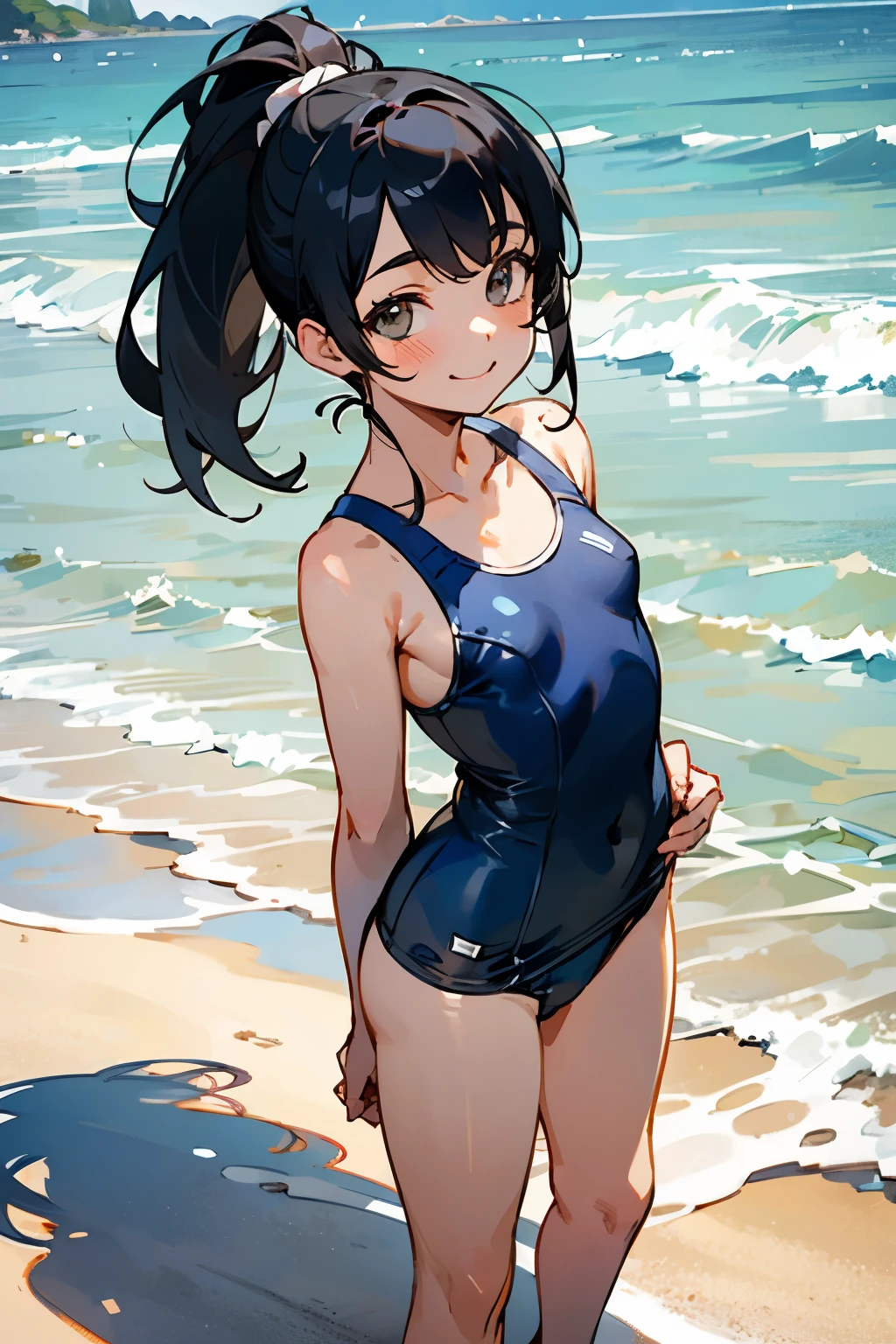、In the best quality、Teenage girl standing on a sandy beach。In high resolution、Beautiful details、Quiet atmosphere。Black hair ponytail、Cute Smile.。Small breasts、Cute School Swimsuit。
