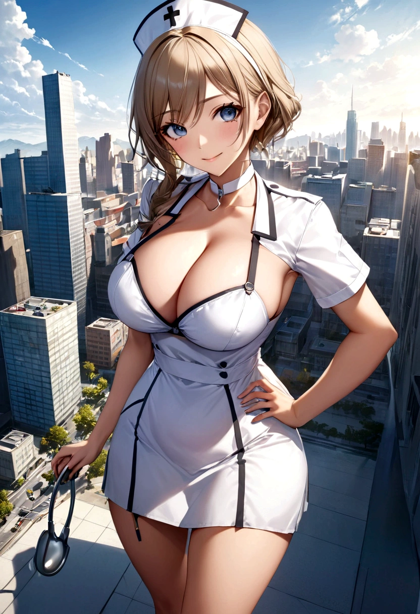 (extremely detailed CG unity 8k wallpaper),(masterpiece), (best quality), (ultra-detailed), (best illustration),(best shadow), woman nurse,wearing short dress, middle aged woman, 35 years old, breasts come out to brust, cleavage breast, full body,smiling , (sharp eyeliner, eyeshadow, detailed eyes:1.1), (city background:1.2), ,BREAK , mod3 (girls' frontline), ,
