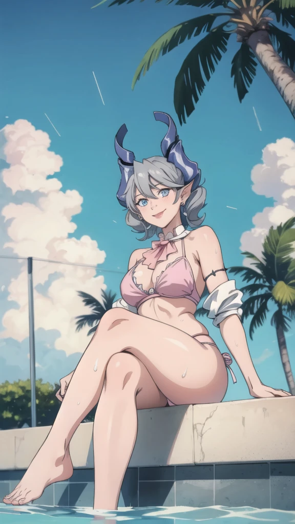 High level image quality best image quality 8K adult woman pool party rain palm trees more colors whole body view portrait bikini horn ears short hair((shortcut)(gray hair)(perm)(fluffy)) eye color is blue , , attractive evil face , smile , sexy pose , labrynth , barearm , wearing pink shirt , sitting on person by the pool , crossed legs , all wet , view foot arc