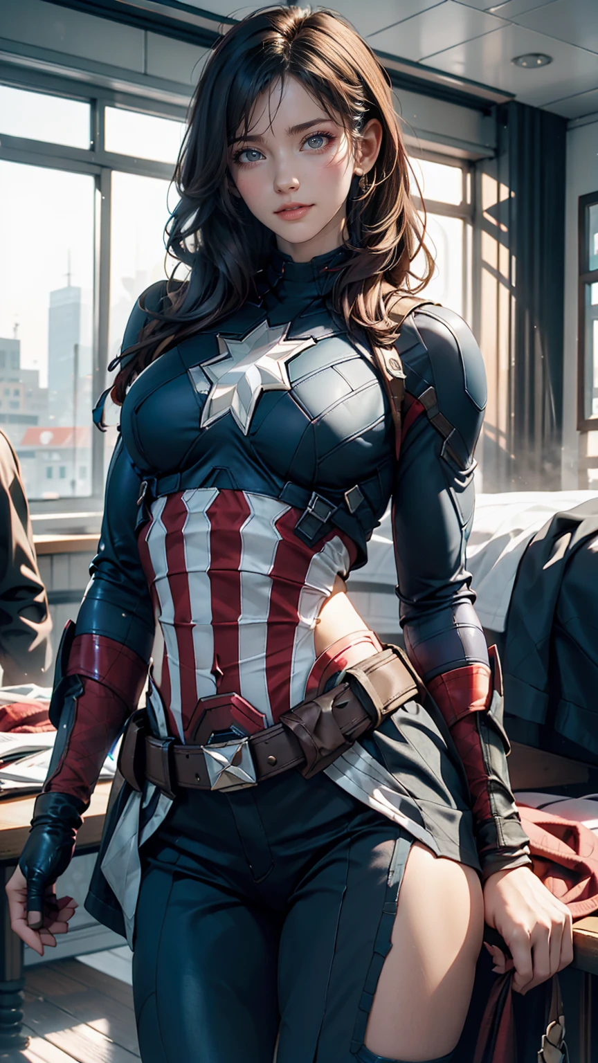 24-year-old woman、Sexy proportions、Narrow waist、slender、Sexy、In an American city、captain America、Marvel