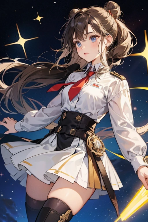 Czechia is depicted as a young woman with longish dark hair tied with a bun in the back, which appears to have been longer and in pigtails when she was younger. She is primarily shown wearing a light-colored dress shirt with a ribbon-like tie and knee-high boots, however a "chibi" style illustration of her accompanying her character profile depicts her in a darker military uniform. SPARKLE; GLITTER