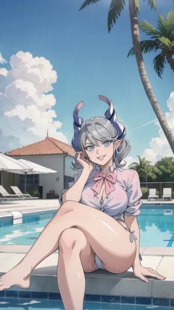 High level image quality best image quality 8K adult woman pool party rain palm trees more colors whole body view portrait bikini horn ears short hair((shortcut)(gray hair)(perm)(fluffy)) eye color is blue , , attractive evil face , smile , sexy pose , labrynth , barearm , wearing pink shirt , sitting on person by the pool , crossed legs , all wet , view foot arc