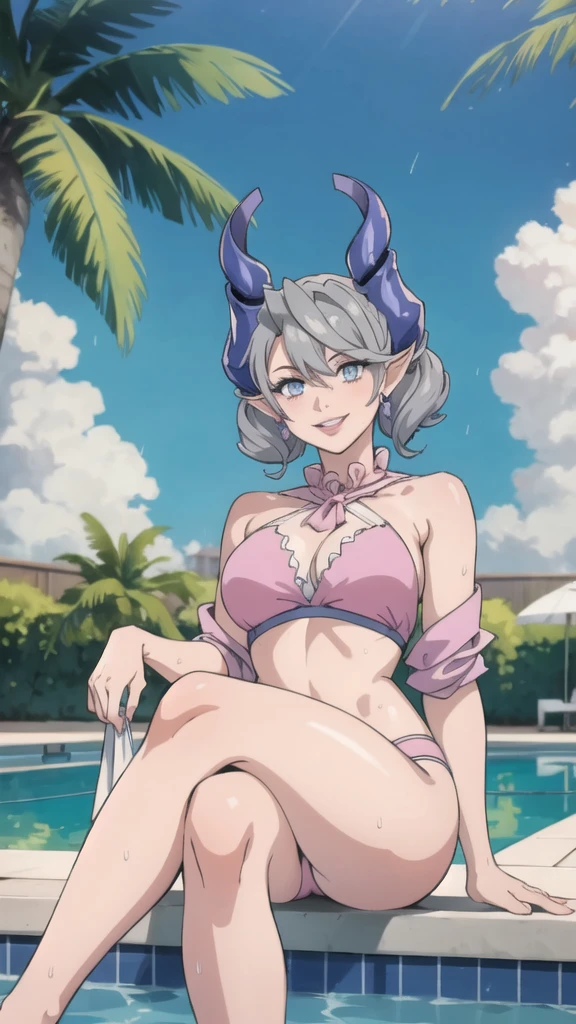 High level image quality best image quality 8K adult woman pool party rain palm trees more colors whole body view portrait bikini horn ears short hair((shortcut)(gray hair)(perm)(fluffy)) eye color is blue , , attractive evil face , smile , sexy pose , labrynth , barearm , wearing pink shirt , sitting on person by the pool , crossed legs , all wet , view foot arc