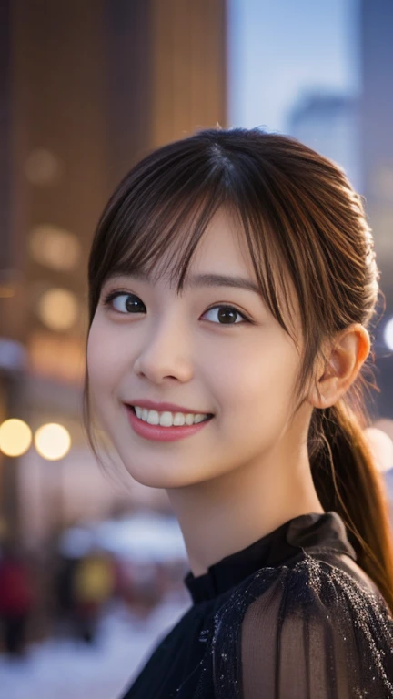 1 Girl, (Wearing a black blouse:1.2), Beautiful Japanese actresses, (ponytail:1.3),
(RAW Photos, Highest quality), (Realistic, Photorealistic:1.4), masterpiece,
Very delicate and beautiful, Very detailed, 2k wallpaper, wonderful,
finely, Very detailed CG Unity 8K 壁紙, Very detailedな, High resolution,
Soft Light, Beautiful detailed girl, Very detailed目と顔, Beautiful and detailed nose, Beautiful and detailed, Cinema Lighting,
break
(Snowy night cityscape as background 1.3), City lights,
Perfect Anatomy, Slender body, smile, Face the front completely, Looking at the camera