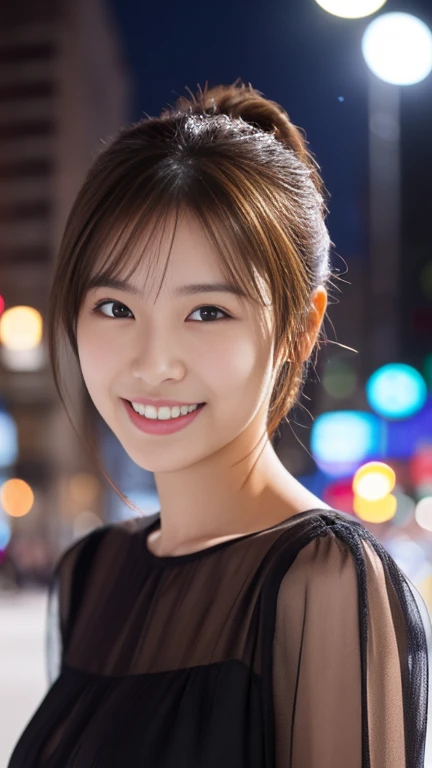 1 Girl, (Wearing a black blouse:1.2), Beautiful Japanese actresses, (ponytail:1.3),
(RAW Photos, Highest quality), (Realistic, Photorealistic:1.4), masterpiece,
Very delicate and beautiful, Very detailed, 2k wallpaper, wonderful,
finely, Very detailed CG Unity 8K 壁紙, Very detailedな, High resolution,
Soft Light, Beautiful detailed girl, Very detailed目と顔, Beautiful and detailed nose, Beautiful and detailed, Cinema Lighting,
break
(Snowy night cityscape as background 1.3), City lights,
Perfect , Slender body, smile, Face the front completely, Looking at the camera