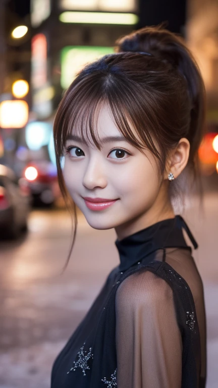1 Girl, (Wearing a black blouse:1.2), Beautiful Japanese actresses, (ponytail:1.3),
(RAW Photos, Highest quality), (Realistic, Photorealistic:1.4), masterpiece, 
Very delicate and beautiful, Very detailed, 2k wallpaper, wonderful, 
finely, Very detailed CG Unity 8K 壁紙, Very detailedな, High resolution, 
Soft Light, Beautiful detailed girl, Very detailed目と顔, Beautiful and detailed nose, Beautiful and detailed, Cinema Lighting, 
break
(Snowy night cityscape as background 1.3), City lights, 
Perfect , Slender body, smile, Face the front completely, Looking at the camera