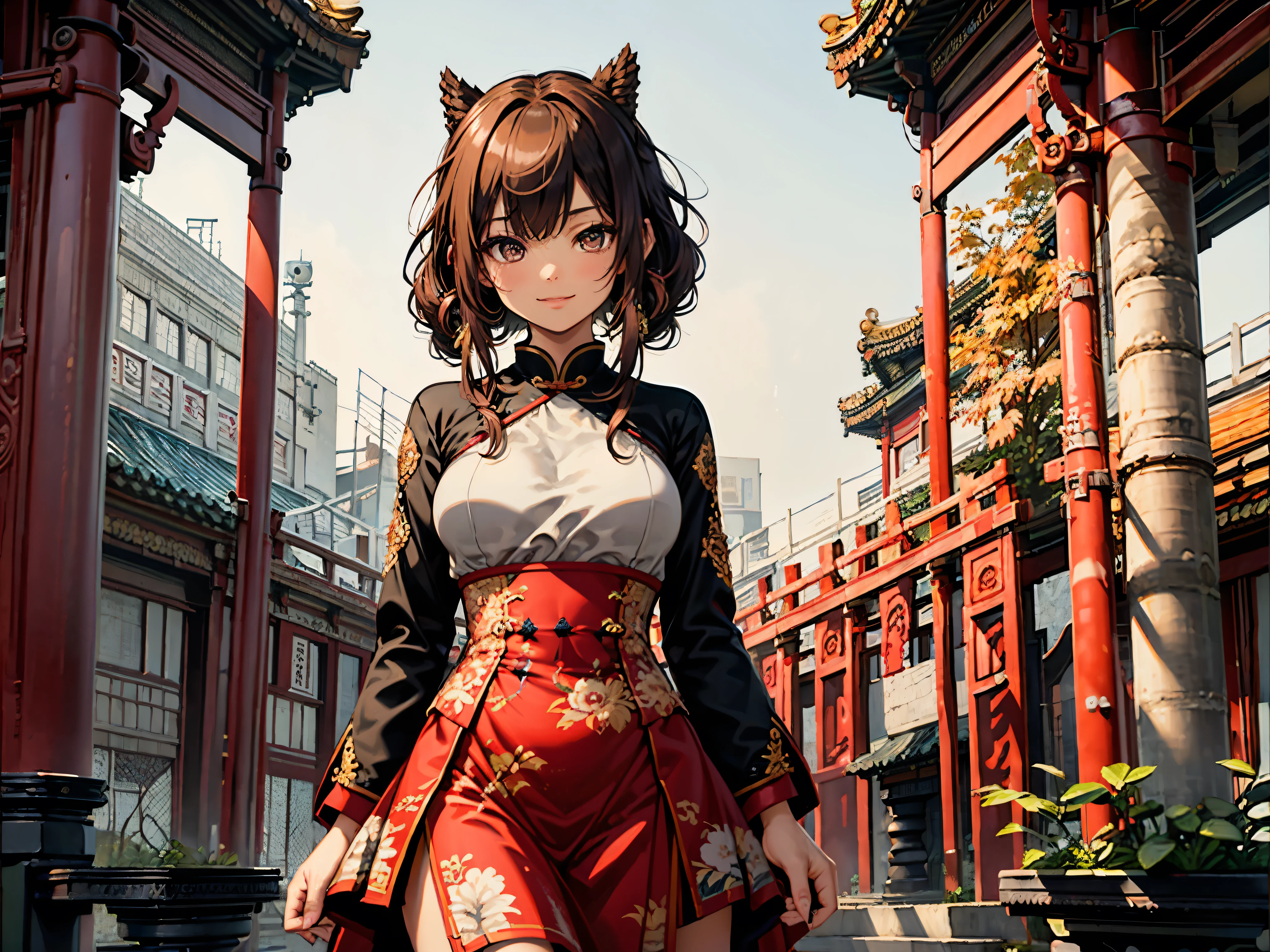 quality\(8k,wallpaper of extremely detailed CG unit, ​masterpiece,hight resolution,top-quality,top-quality real texture skin,hyper realisitic,increase the resolution,RAW photos,best qualtiy,highly detailed,the wallpaper,cinematic lighting,ray trace,golden ratio\), BREAK ,solo,1woman\(cute,kawkid,smile,hair floating,hair color dark red,long braid hair,eye color dark red,big eyes,beautiful cheongsam,(breast:1.3),fighting stance\(kungfu style\),dynamic angle,long shot,full body,stanping ground\),background\(outside,chinese temple\),long shot