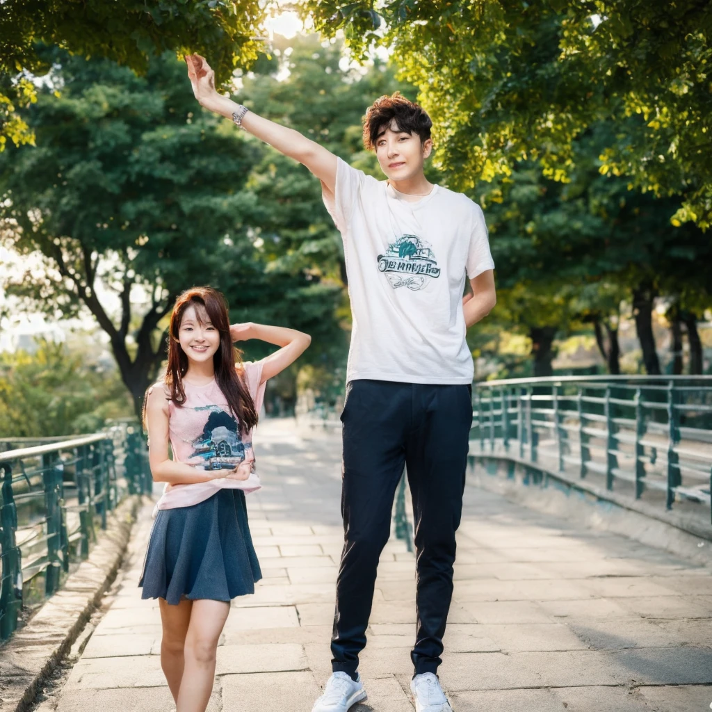 ((hyperdetail)), ((hyperrealistic)), ((hyperrealism)), Professional, Angle camera shooting from below, realistic, High level of detail, Full body photo of 25 years old korean couple, 1 man pose with woman, face like Jungkook BTS, nice hair like Jungkook BTS hair, nice eyes, wearing t-shirt, wearing sneakers, full body, fit body almost 75 kg bodyweight weight and 185 cm body height, fit body like gym trainer, not thin and not fat, cool pose hand, hold a tumbler with right hand, standing posing for a photo, chill on a city park, photogenic pose, smile pose, (random standing pose: 1.3) ,Natural light, (Attractive young man:1.3), (seductive:1.1), (blush:1.1), bacgkround at afternoon city park near seoul buildings, shower of sunshine,