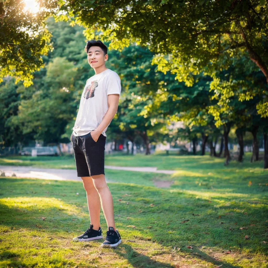 ((hyperdetail)), ((hyperrealistic)), ((hyperrealism)), Professional, Angle camera shooting from below, realistic, High level of detail, Full body photo of 25 years old korean couple, 1 man pose with woman, face like Jungkook BTS, nice hair like Jungkook BTS hair, nice eyes, wearing t-shirt, wearing sneakers, full body, fit body almost 75 kg bodyweight weight and 185 cm body height, fit body like gym trainer, not thin and not fat, cool pose hand, hold a tumbler with right hand, standing posing for a photo, chill on a city park, photogenic pose, smile pose, (random standing pose: 1.3) ,Natural light, (Attractive young man:1.3), (seductive:1.1), (blush:1.1), bacgkround at afternoon city park near seoul buildings, shower of sunshine,