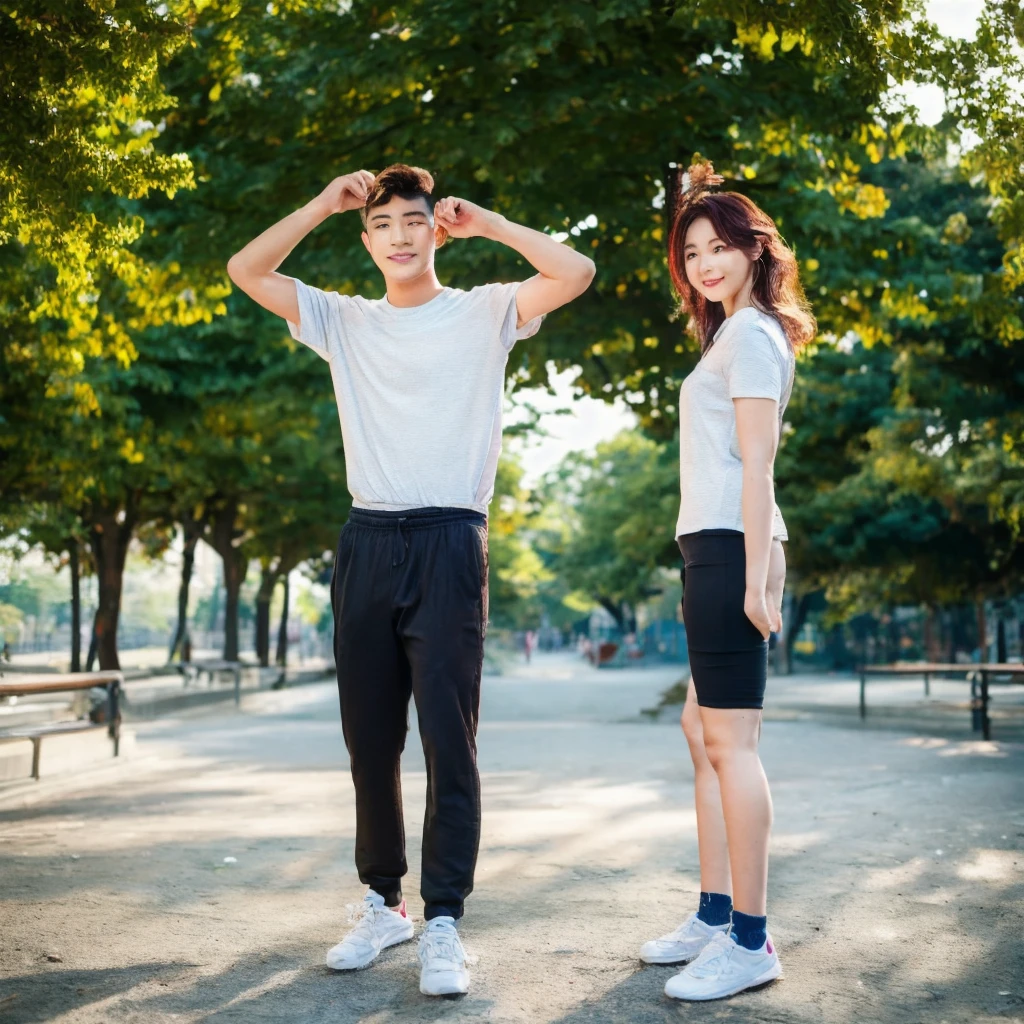 ((hyperdetail)), ((hyperrealistic)), ((hyperrealism)), Professional, Angle camera shooting from below, realistic, High level of detail, Full body photo of 25 years old korean couple, 1 man pose with woman, face like Jungkook BTS, nice hair like Jungkook BTS hair, nice eyes, wearing t-shirt, wearing sneakers, full body, fit body almost 75 kg bodyweight weight and 185 cm body height, fit body like gym trainer, not thin and not fat, cool pose hand, hold a tumbler with right hand, standing posing for a photo, chill on a city park, photogenic pose, smile pose, (random standing pose: 1.3) ,Natural light, (Attractive young man:1.3), (seductive:1.1), (blush:1.1), bacgkround at afternoon city park near seoul buildings, shower of sunshine,