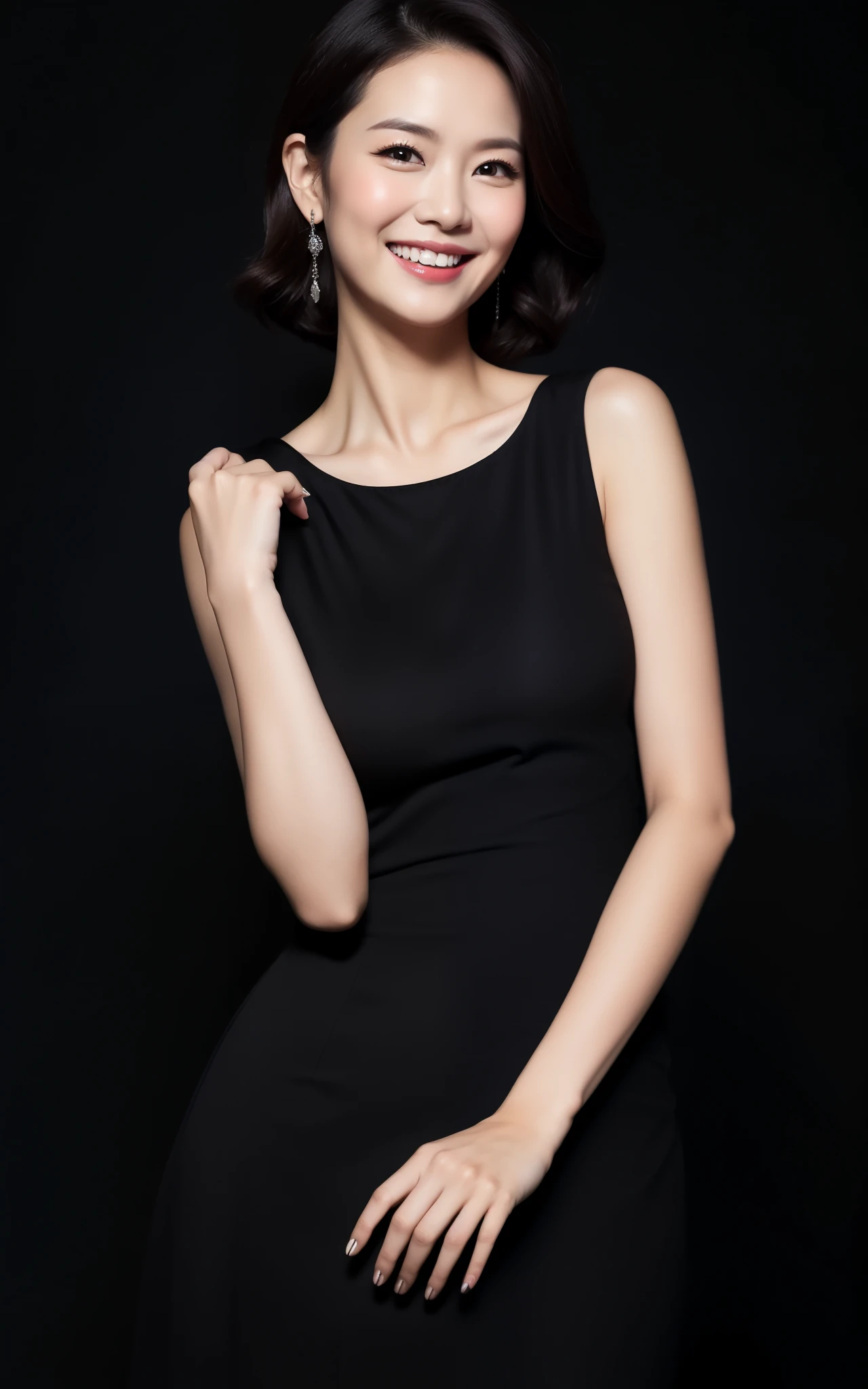 (masterpiece, Highest quality), 1. Mature Woman, Beautiful Face, Japanese、 Tatsumaki, dress, Black dress,Big Breasts,Split,Off-the-shoulder clothing、(8K, RAW photo, best quality, masterpiece:1.2), (realistic, photo-realistic:1.4), (45 years old ),