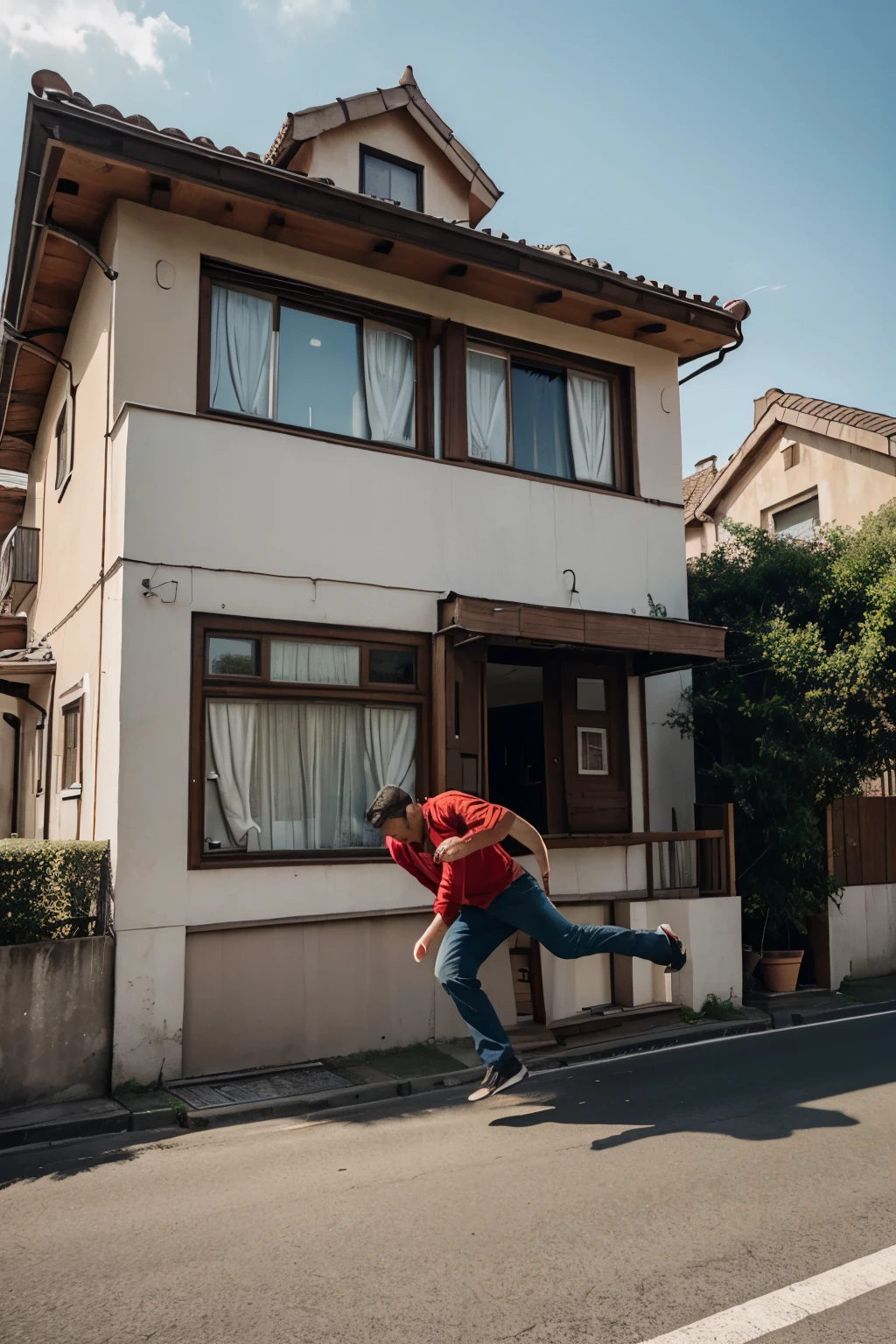 Man falling from the second floor of a house while a car passes by outside