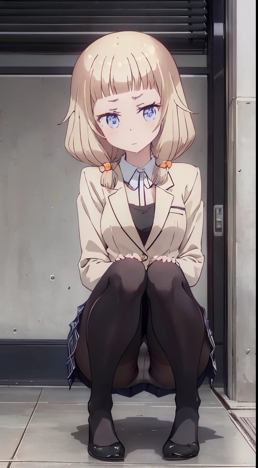 finest, masterpiece, High resolution, (Full body view from head to toe), front, frontComposition from slightly below, symmetry, 18 year old tall girl, alone, (whole body from head to toe), (small breasts), Unkempt brown hair, bangs, (black tights), (black pantyhose), (sit with legs spread), (squatting pose), (Composition showing white ), (her legs spread、I can see white .), (I was made to sit on the floor with my legs spread apart.), (M-shaped ), thin legs, A very beautiful and tall 18 year old girl, (not wearing shoes), blush, shy big eyes, looking at camera, blazer uniform, plaid pleated skirt