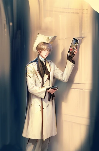 a drawing of a man in a white coat holding a cell phone, by Shingei, inspired by William Mustart Lockhart, by Josetsu, by Felix-Kelly, ((wearing aristocrat robe)), by mckadesinsanity, by Pamphilus, inspired by Armin Hansen, by Ei-Q, inspired by Uragami Gyokudō