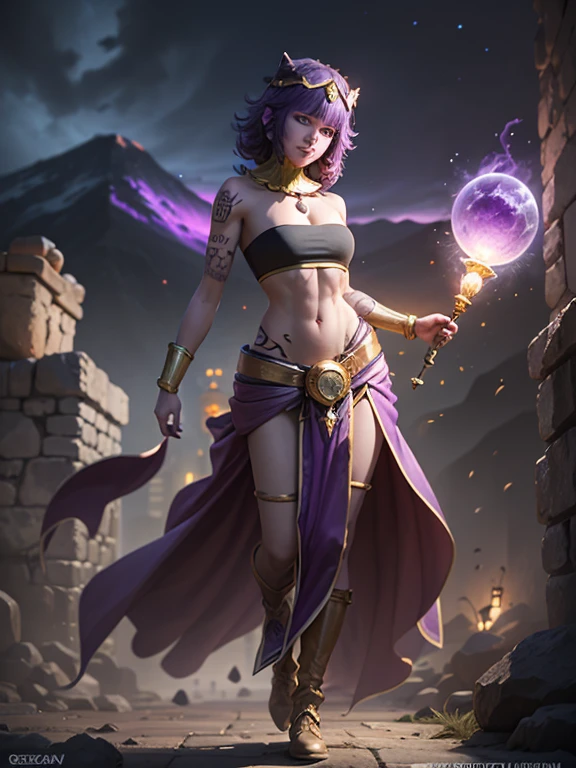 Step into the realm of high-fantasy with a photo of a mesmerizing game character featuring resplendent purple hair and rich brown skin. She's a sorceress that wields her magical powers with grace and precision, showcasing her exceptional abilities. The photo captures the essence of a powerful and majestic sorceress, destined for greatness in a world filled with mystical wonders. (Realm of high-fantasy with mesmerizing game character), (Resplendent purple hair and tan-bronze skin:1.2), (covered in tattoos:1.3), (Wearing: golden headpiece, necklace, purple bandeau, golden belt, purple pelvic curtain, sarong, bracer, golden boots:1.2), (Magical powers with grace and precision), (Powerful and majestic character:1.3), inspired by greatness in a world of mystical wonders,(((milf))), looking at viewer with an calm smile, fierce and confident posture, both hands glowing bright purple, purple magic, bright purple sparks in both hands, (Night time, ethereal and magical atmosphere, outdoors, dark clouds in the sky, purple lighting, stone temple, mount top, stone structures, purple and magenta aroura's in the surroundings, gorgeous view of the mountains)
