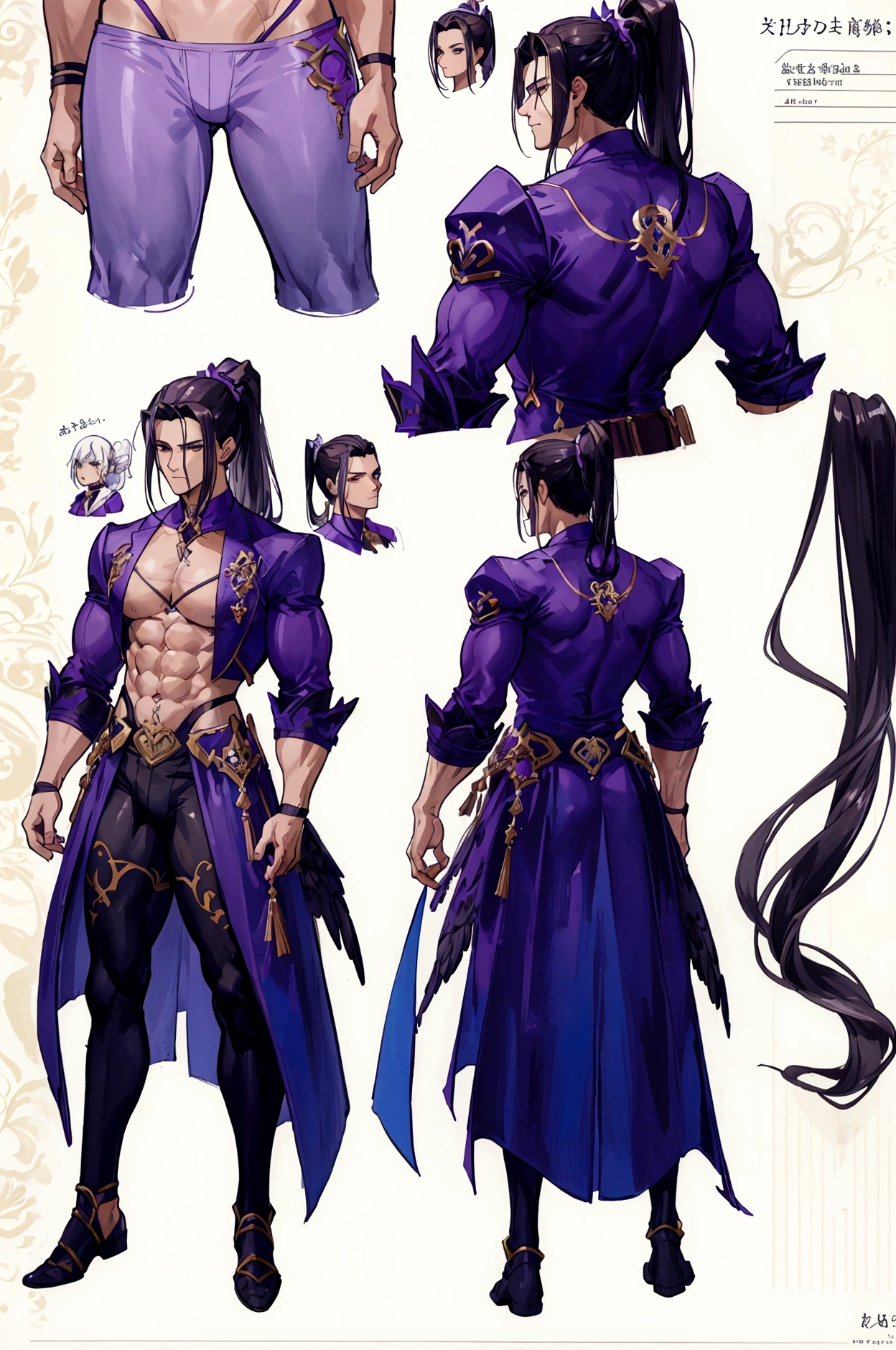 (Masterpiece, best quality), detailed, 1 man, ((character concept art)), ((character design sheet, same character, front, side, back)), full body, body complete, 1 Male, 1 Man, Detailed face, character design sheet，full bodyesbian, Highly detailed, character sheet, character design, Many parts, dark skin, angel wings, long ponytail purple hair, angel outfit, muscle male god, male clothes, masculine, muscle man, male muscle, manly, male angel, Muscle male with purple ponytail long hair，beautiful man, abs, pectoral muscle