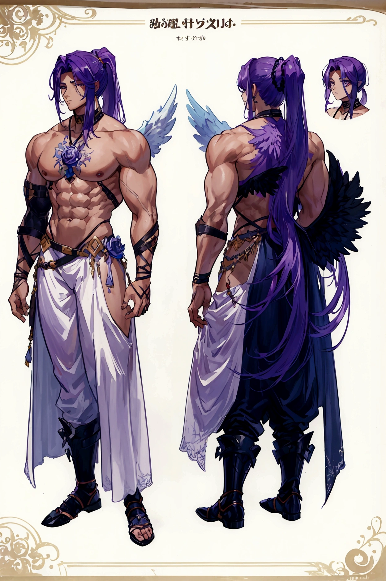 (Masterpiece, best quality), detailed, 1 man, ((character concept art)), ((character design sheet, same character, front, side, back)), full body, body complete, 1 Male, 1 Man, Detailed face, character design sheet,full bodyesbian, Highly detailed, character sheet, character design, Many parts, dark skin, angel wings, long ponytail purple hair, angel outfit, muscle male god, male clothes, masculine, muscle man, male muscle, manly, male angel, Muscle male with purple ponytail long hair,beautiful man, abs, pectoral muscle