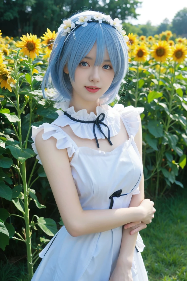 best quality,tmasterpiece,Ultra-high resolution,Clear face,(Reality:1.4),(RAW photo),cold light,(upper body photo:1.5), (photorealistic:1.50), anime wallpaper, Guviz style artwork, fantasy close-up to magic, by Yang J, Guviz, beautiful artwork illustration, beautiful digital artwork, beautiful digital illustration, Li Song, beautiful anime portrait, art style at Beauvot, 1girl,rem(re-zero),blue_eyes,blue_hair,blue_sky,blush,cloud,day,dress,field,flower,flower_field,from_side,hair_between_eyes,hair_flower,hair_ornament,hat,hat_flower,hat_ribbon,lens_flare,looking_at_viewer,open_mouth,outdoors,pink_flower,plaid,plaid_ribbon,ribbon,short_dress,short_hair,shoulder_blades,skirt_hold,sky,sleeveless,sleeveless_dress,独奏,standing,strap_gap,straw_hat,sun_hat,sundress,sunflower,sunflower_field,white_dress,yellow_flower,yellow_hat,masterpiece,