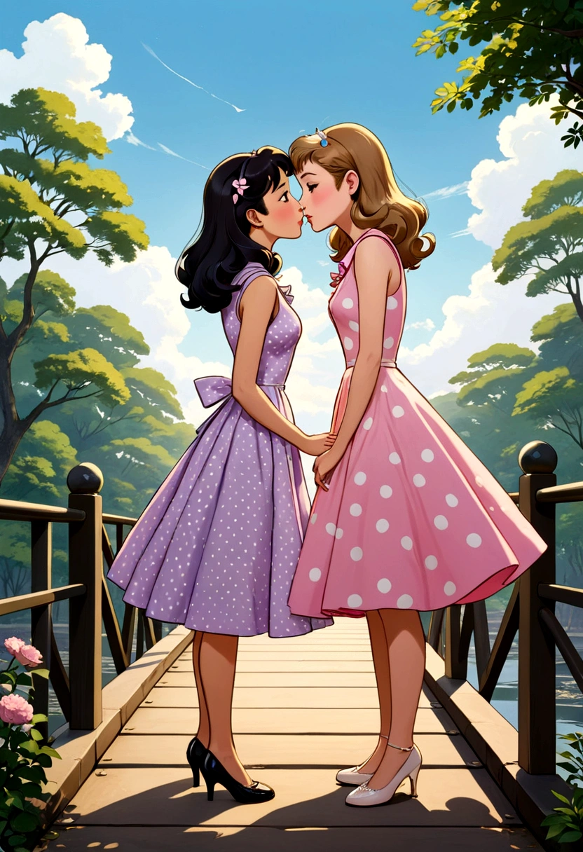 Name "The Loyal Pin (Sarocha Chankimha & Rebecca Armstrong)" in an elegant and dynamic font written in 3D. A captivating and tender anime-style illustration of two women, in love, standing on a beautiful bridge, facing each other. The first woman is a beautiful young woman with British features (Anin), semi-long light brown hair held on one side by a delicate barrette, and she wears a 50s-style sleeveless dress in lilac with small white polka dots and low heels. . She is about to mischievously kiss the second woman, a beautiful young woman with Asian features (Pin), long dark hair who is dressed in a 50s-style sleeveless pastel pink dress and low-heeled shoes. She seems surprised and shy about the kiss they are about to give her.