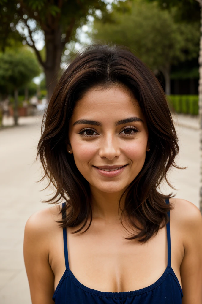 Femme mexicaine, 30 ans, cheveux ondulés, peau brune, yeux sombres, sourire, vêtements d'affaires mexicains, robe charro, réaliste, avec une expérience dans un marché dynamique, 8k super réaliste, detallada y réaliste. (A 30-year-old Femme mexicaine, cheveux ondulés, peau bronzée, yeux sombres, souriant, porter une tenue de travail traditionnelle mexicaine, fond de marché dynamique, de haute qualité et réaliste.)
