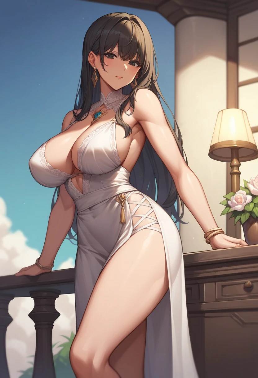 Mature women，Black long hair，Bangs，，Exposing skirt，Beautiful black eyes，Fantasy style，Extremely detailed，high resolution，